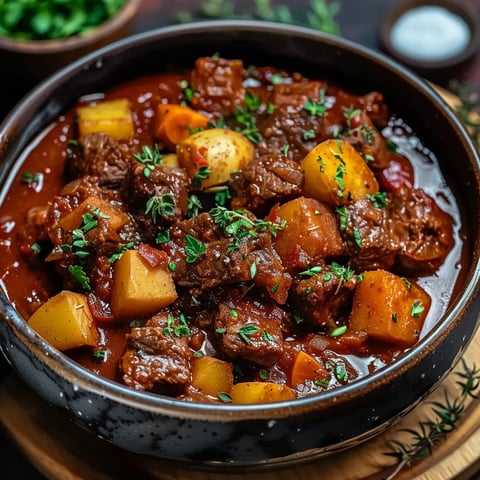 A bowl of beef stew with potatoes and carrots.