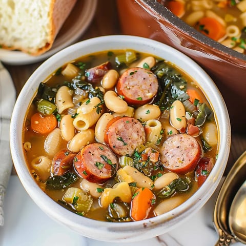 A bowl of soup with sausage and beans.