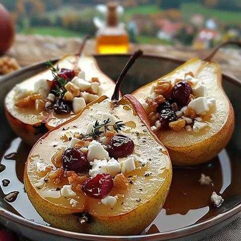 Two sliced pears with cheese and cranberries.