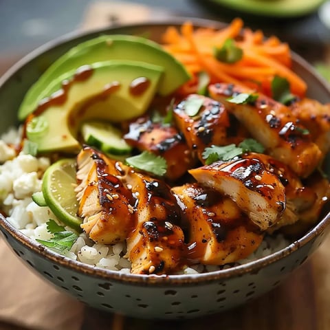 A bowl of food with chicken, avocado, and carrots.