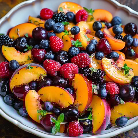 A bowl of fruit with blueberries, raspberries, peaches, and blackberries.