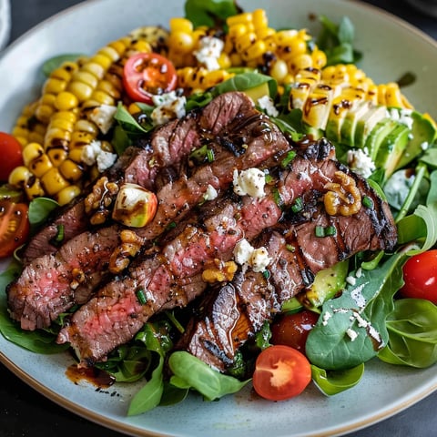 A plate of food with meat, corn, tomatoes, and lettuce.