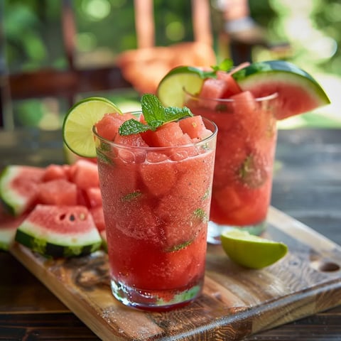 Two glasses of watermelon juice with slices of watermelon in front of them.