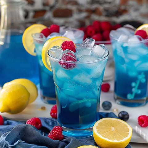 Blue lemonade with raspberries and lemon slices.