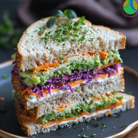 A sandwich with lettuce, carrots, and avocado.