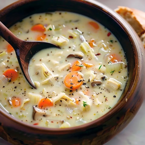 A bowl of soup with a spoon in it.