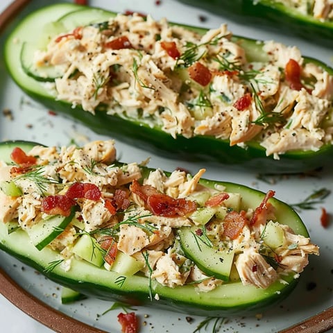 A plate of food with a cucumber and chicken salad.