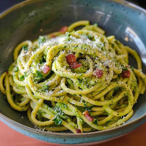 A bowl of pasta with cheese and bacon.
