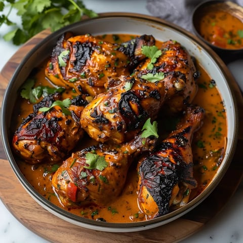 Chicken with sauce on a plate.
