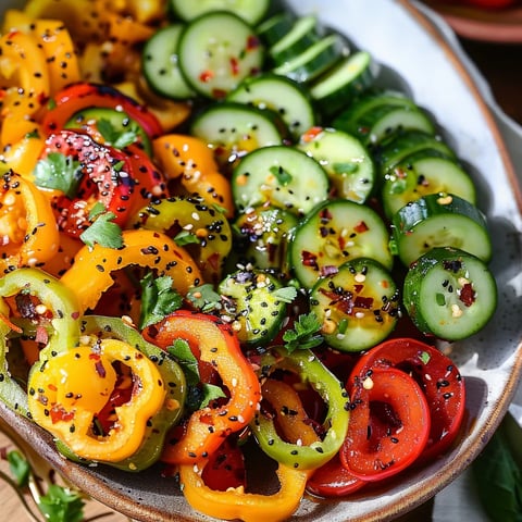 A bowl of vegetables including cucumbers, peppers, and tomatoes.