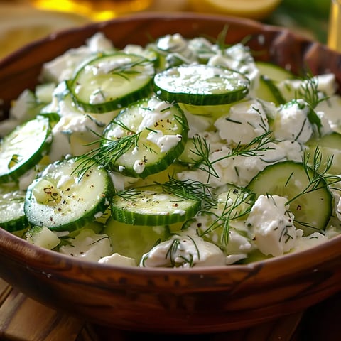 A bowl of cucumbers and cheese.