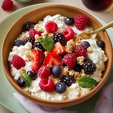 A bowl of yogurt with berries and mint.