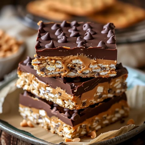 A stack of chocolate bars with peanut butter and marshmallows.