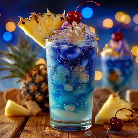 A blue drink with pineapple and cherries.