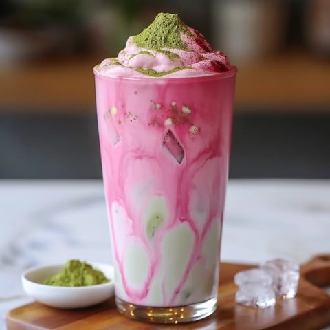 A glass of pink drink with green toppings.