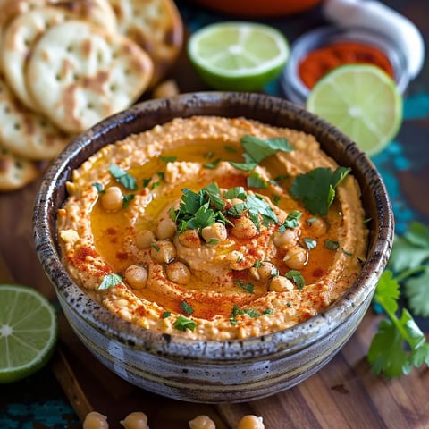 A bowl of hummus with a spoon in it.