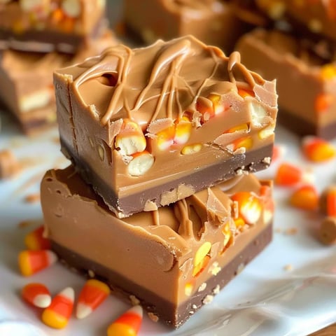 A piece of cake with caramel and candy corn toppings.
