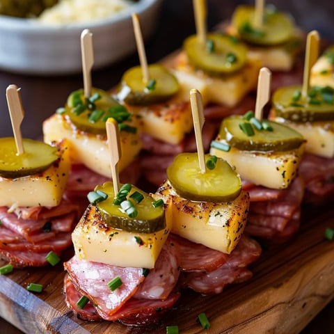 A wooden platter with a variety of food items, including ham, cheese, and pickles.