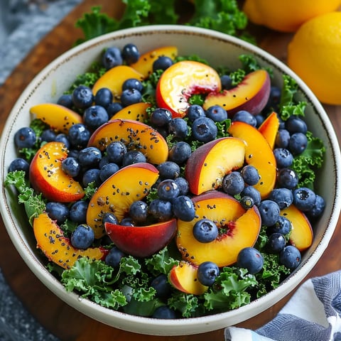 A bowl of fruit with blueberries, peaches, and kale.