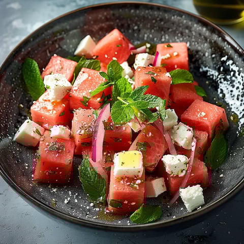 A bowl of watermelon with feta cheese and mint.