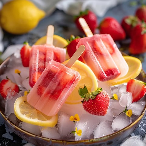 A bowl of fruit with strawberries and lemonade.