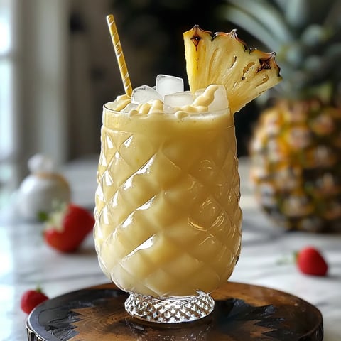A pineapple drink with a straw.