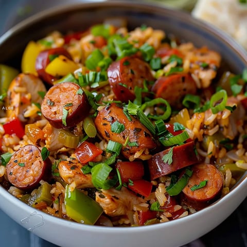 A bowl of rice with sausage and vegetables.