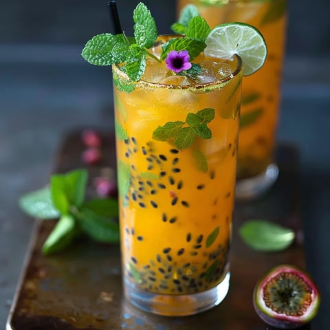 Two glasses of orange juice with mint leaves and kiwi fruit.