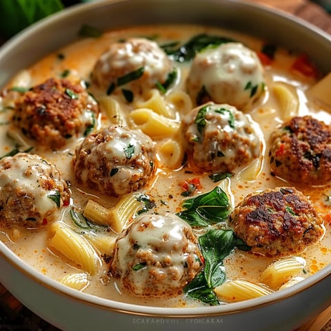 A bowl of pasta with meatballs and spinach.