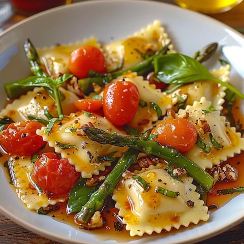 A bowl of pasta with tomatoes and asparagus.