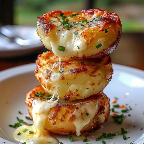 Three stacked potato pancakes with cheese.