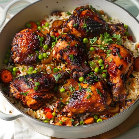 A bowl of rice with chicken and peas.