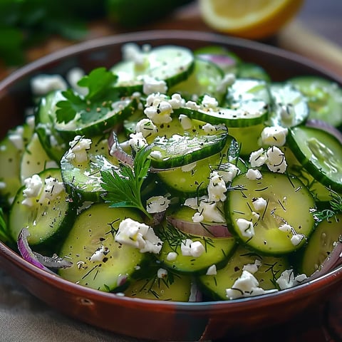 A bowl of cucumbers with feta cheese.