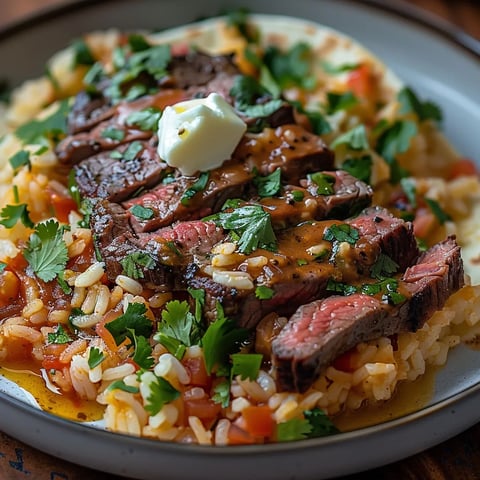 A plate of food with rice and meat.