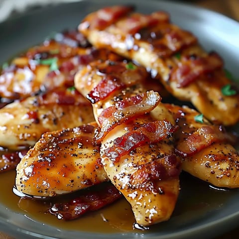 Bacon wrapped chicken on a plate.