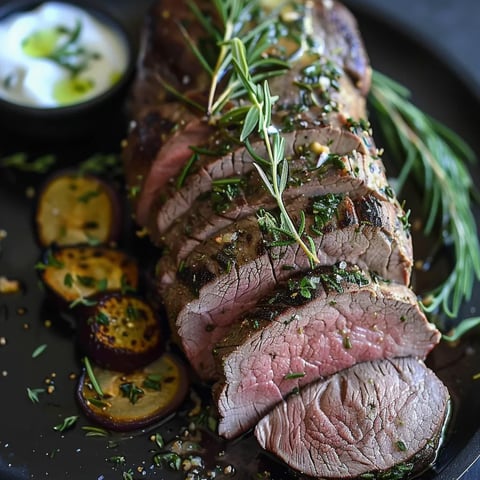A plate of meat with herbs on it.