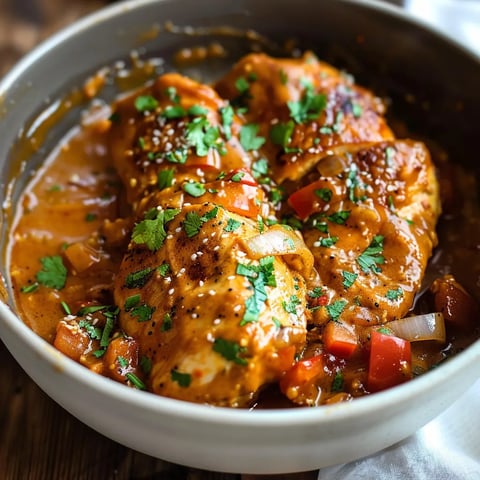 A bowl of chicken with peppers and onions.