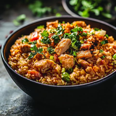 A serving bowl of chicken fried rice and peppers.
