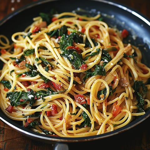 A plate of spaghetti with meatballs and spinach.