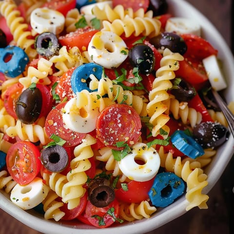 A bowl of pasta with tomatoes, olives, and cheese.
