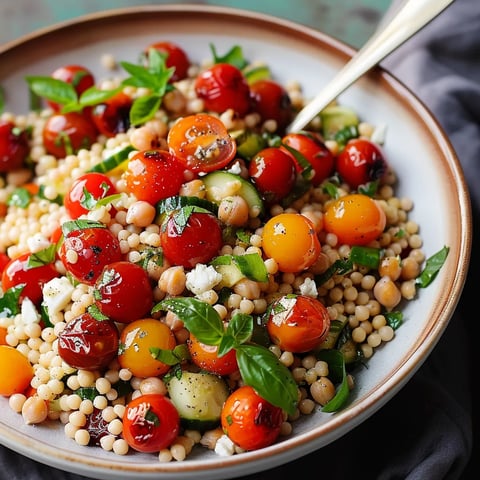 A bowl of food with tomatoes, cucumbers, and basil.