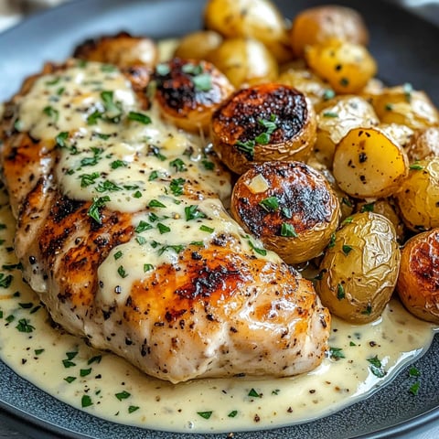Golden garlic chicken with crispy potatoes plated beautifully.