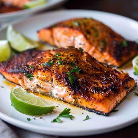 Juicy blackened salmon fillet sitting next to lime wedges on a white plate.