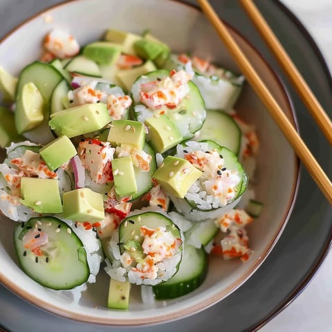 A bowl of sushi with avocado and cucumber.
