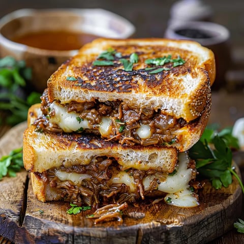 A sandwich with meat and cheese on a wooden table.