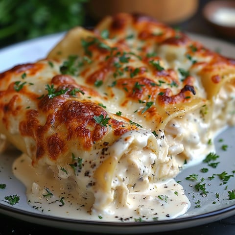 A plate of chicken Alfredo lasagna rolls.