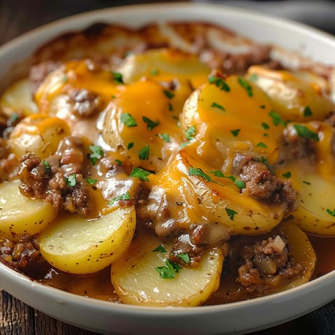 A close up of a crockpot hamburger potato casserole.