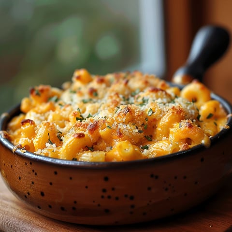 A bowl of creamy pumpkin mac and cheese.