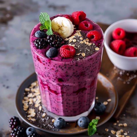 A glass of fruit smoothie with raspberries, blueberries, and blackberries.