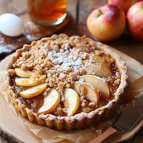A gluten free caramel apple tart with a slice missing.